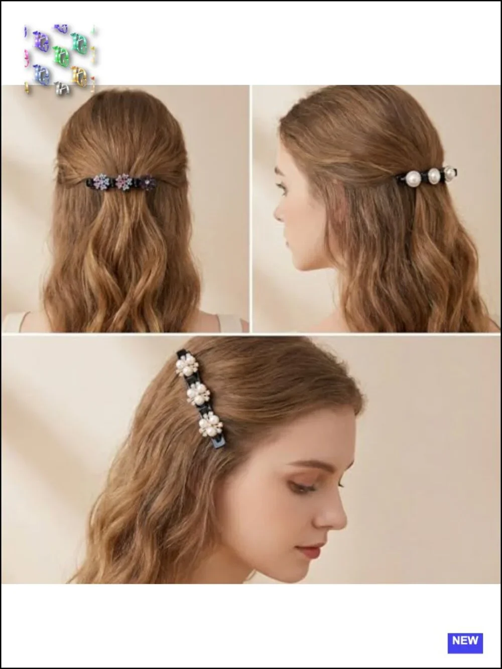 8 Pcs Braided Hair Clips Double-Layer Flower Pearl Crystal Stone Clips